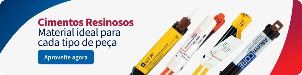 Imagem de cimentos resinosos de diferentes marcas e uma placa de propaganda que promove os materiais ideais para diversos tipos de peças na odontologia.