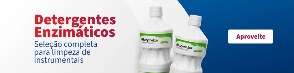 Imagem de dois frascos de detergentes enzimáticos Riozyme Eco, indicados para limpeza de instrumentos, com destaque para a palavra-chave 'detergentes enzimáticos'.