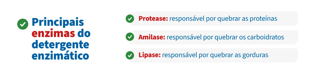 Tabela explicando os principais tipos de enzimas do detergente enzimático, incluindo protease, amilase e lipase, responsáveis por quebrar proteínas, carboidratos e gorduras.