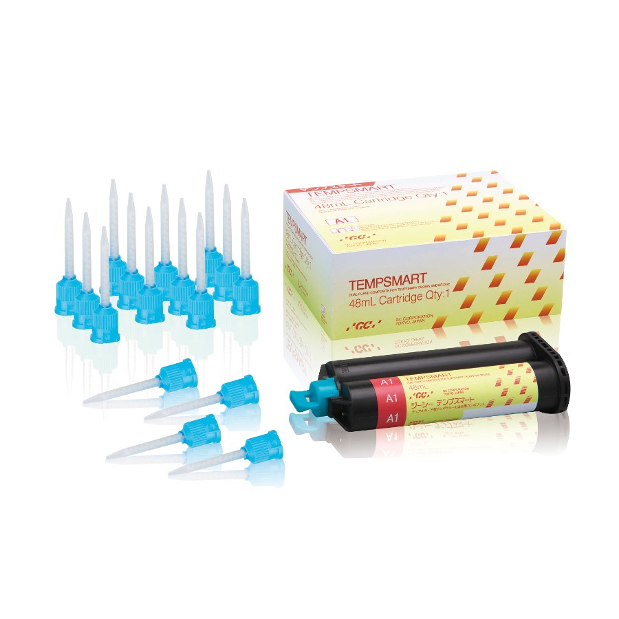Embalagem da resina bisacrílica TempSmartcom 1 cartucho com 48ml + 16 pontas misturadoras.