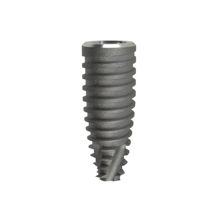 Imagem de um implante dentário de titânio com parafuso de alta precisão, utilizado na reabilitação oral e odontologia estética.