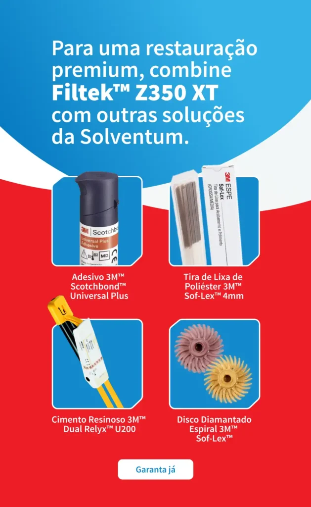 Imagem de produtos de restauração premium com sugestões da Solventum, incluindo fita de lixa de poliéster, cimento resinosa e disco diamantado.