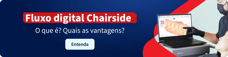 Ilustração sobre fluxo digital Chairside, destacando seu funcionamento e vantagens, com profissionais de odontologia utilizando tecnologia moderna na clínica.