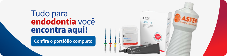 Imagem mostrando produtos odontológicos como selantes, limas e kits para endodontia, destacando soluções completas para tratamentos dentários com foco em endodontia.
