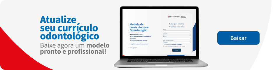 Imagem de um modelo de currículo odontológico em uma tela de laptop, incentivando a atualização do currículo profissional na área odontológica.