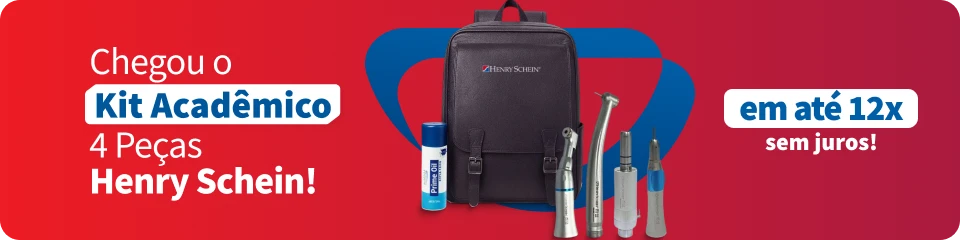 Kit acadêmico da Henry Schein com 4 peças, incluindo mochila, escova, tubos e utensílios de higiene, ideal para estudantes, disponível em até 12x sem juros.