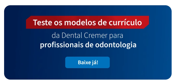 Imagem de uma campanha digital promovendo modelos de currículo da Dental Cremer para profissionais de odontologia com botão de download e destaque em vermelho.