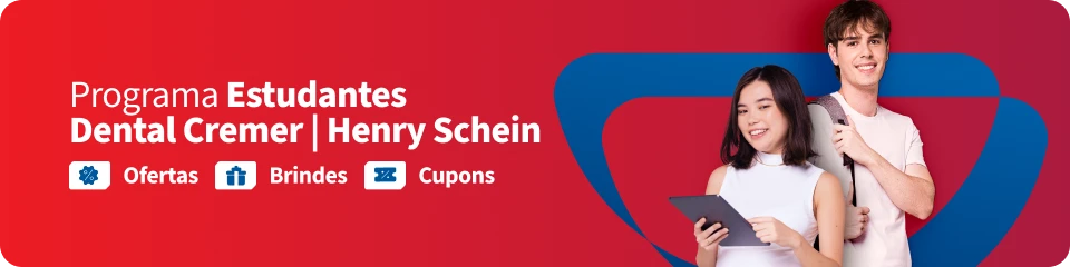 Banner do Programa Estudantes Dental Cremer | Henry Schein, destacando ofertas, brindes e cupons para estudantes de odontologia.