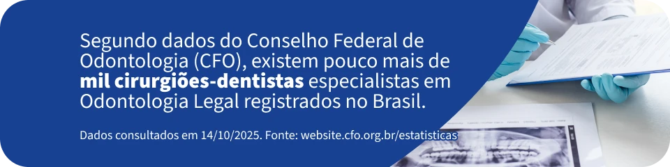 Infográfico informando que segundo o Conselho Federal de Odontologia, há pouco mais de mil cirurgiões-dentistas especializados em Odontologia Legal registrados no Brasil, com dados de 14/10/2025.