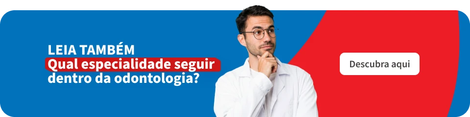 Imagem de um homem pensativo, relacionado ao tema de especialidades em odontologia, com fundo azul e vermelho, promovendo a escolha de uma área de atuação na odontologia.