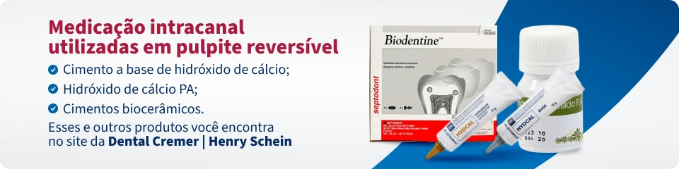 Medicamento de cimento de hidróxido de cálcio usado como medicação intracanalar em pulpete reversível, com embalagem da Biodentine e Henry Schein, indicado para tratamentos odontológicos.
