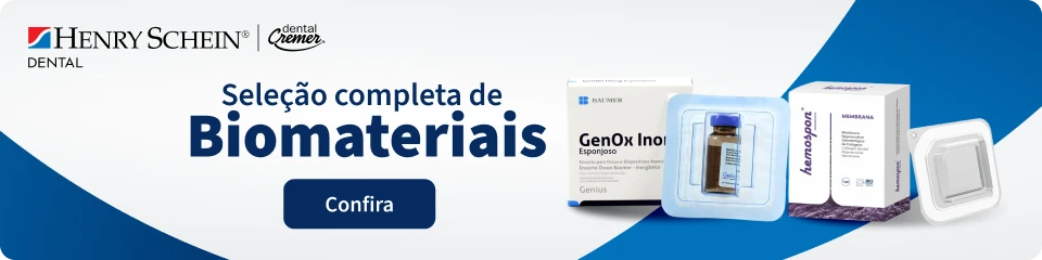 Imagem de produtos de biomateriais dentais da Henry Schein, incluindo caixas e instrumentos, promovendo seleção completa de biomateriais para odontologia.