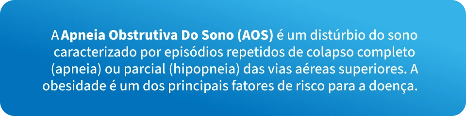 Infográfico explicando a Apneia Obstrutiva do Sono (AOS), um distúrbio do sono que causa episódios de colapso completo ou parcial das vias aéreas altas, associado à obesidade, fator de risco para várias doenças.