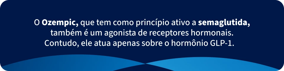 Descrição de uma imagem explicando que o Ozempic é um medicamento que atua sobre o hormônio GLP-1, com foco na semaglutida e receptores hormonais.