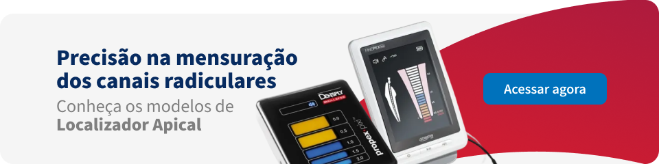 Imagem de um dispositivo de medição de canais radiculares com tela digital, utilizado na odontologia, acompanhado de um anúncio que destaca precisão na mensuração.