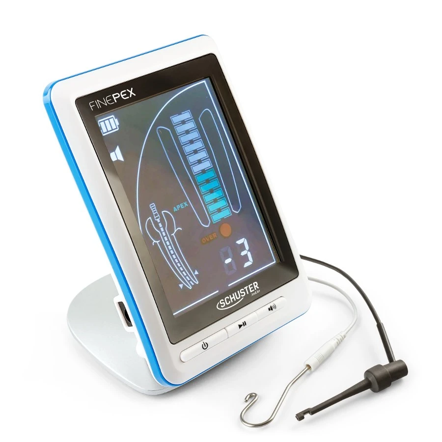 Imagem de um dispositivo de diagnóstico comprimento da polpa dentária com tela sensível ao toque exibindo dados e gráficos relacionados ao procedimento
