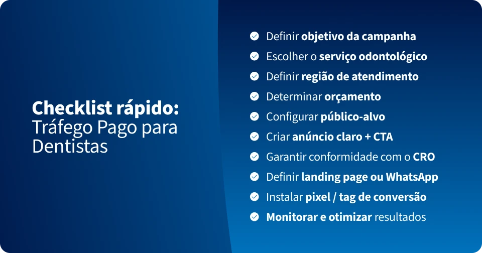 Checklist rápido de tráfego Pago para Dentistas destacando etapas como definir objetivo, escolher serviço odontológico, determinar orçamento, criar anúncios e otimizar resultados.