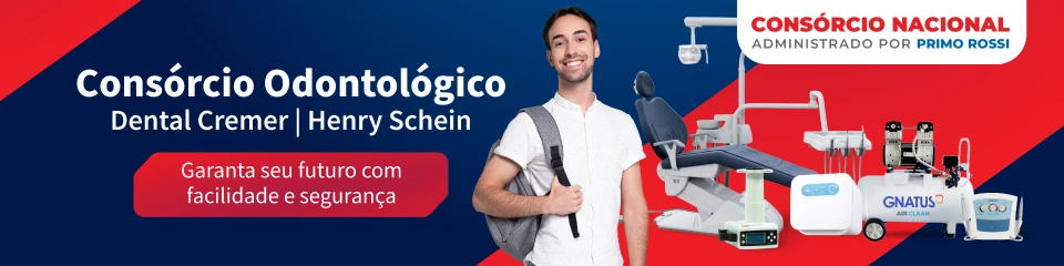 Imagem de um banner de consórcio odontológico da Dental Cremer, administrado por Primo Rossi, destacando a facilidade e segurança na contratação