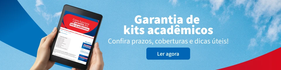 Imagem de um celular exibindo um site sobre garantia de kits acadêmicos, com texto convidativo para conferir prazos, coberturas e dicas úteis.