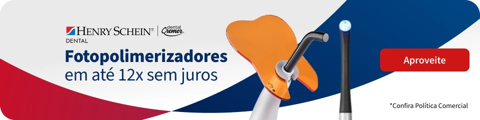 Imagem de um fotopolimerizador Dental da Henry Schein, destaque para a tecnologia de fotopolimerização usada em procedimentos odontológicos, disponível em até 12x sem juros.