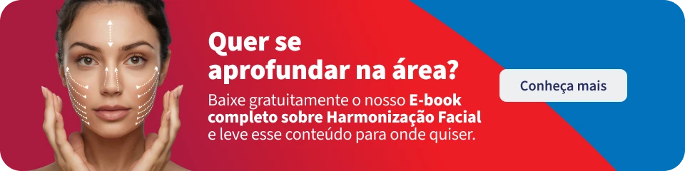 Imagem de uma mulher com rosto bem cuidado, promovendo harmoniza&ccedil;&atilde;o facial e cuidados com a pele, junto com um banner de convite para baixar e-book gratuito.
