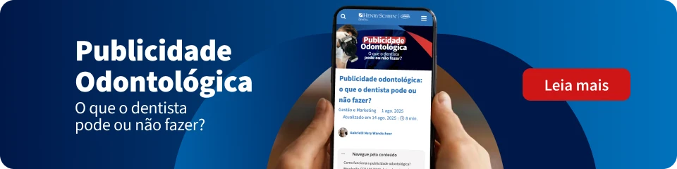 Banner com o texto &ldquo;Publicidade Odontol&oacute;gica&rdquo; e a frase &ldquo;O que o dentista pode ou n&atilde;o fazer?&rdquo;, com um celular ao centro mostrando uma p&aacute;gina de publicidade odontol&oacute;gica e bot&atilde;o &ldquo;Leia mais&rdquo;.