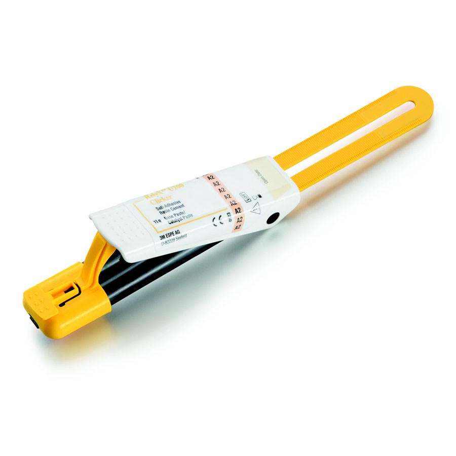 Cimento da Solventum Dual RelyX U200 em forma de clicker na embalagem amarela.