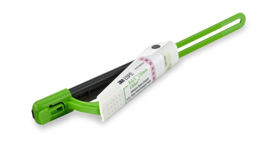 Cimento Resinoso 3M&trade; Dual RelyX&trade; Ultimate - Solventum com a embalagem verde em formato de clicker