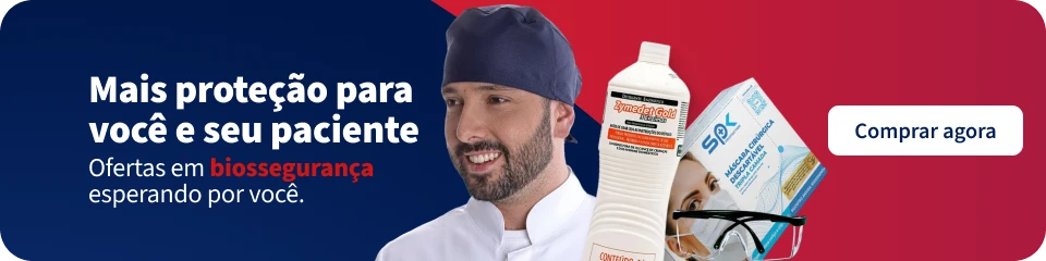 Imagem promocional de produtos de biosseguran&ccedil;a para prote&ccedil;&atilde;o de pacientes, incluindo luvas, m&aacute;scara e produtos de higieniza&ccedil;&atilde;o, ideal para cl&iacute;nicas e hospitais.