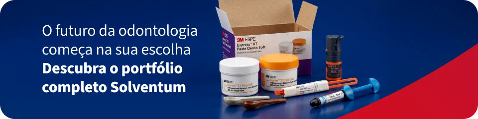 Imagem de produtos dent&aacute;rios Solventum, incluindo pastas e instrumentos, destacando a import&acirc;ncia de escolher o portf&oacute;lio completo para o futuro da odontologia.