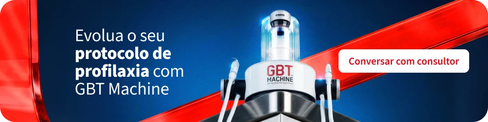 Banner de marketing da GBT Machine com texto “Evolua o seu protocolo de profilaxia com GBT Machine”, imagem do equipamento GBT Machine e botão “Conversar com consultor” sobre fundo azul e vermelho.
