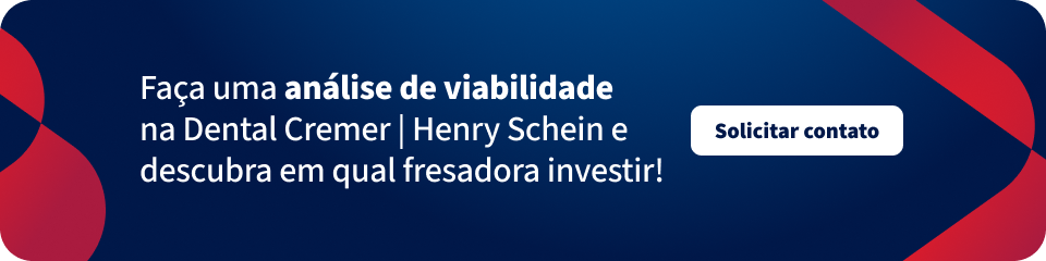Banner de marketing para a Dental Cremer com chamada para fazer uma análise de viabilidade na Dental Cremer Henry Schein e descobrir em qual fresaadora investir, com botão “Solicitar contato”.