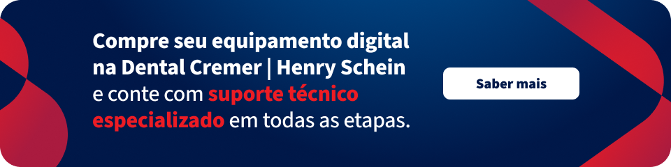Banner promocional para compra de equipamento digital na Dental Cremer com Henry Schein, destacando suporte técnico especializado. Fundo azul com elementos gráficos vermelhos e botão “Saber mais”.