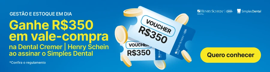 Banner promocional da Simples Dental com cupom Voucher R$350 da Henr y Schein, destacando &ldquo;Ganhe R$350 em vale-compra&rdquo; e bot&atilde;o &ldquo;Quero conhecer&rdquo;.